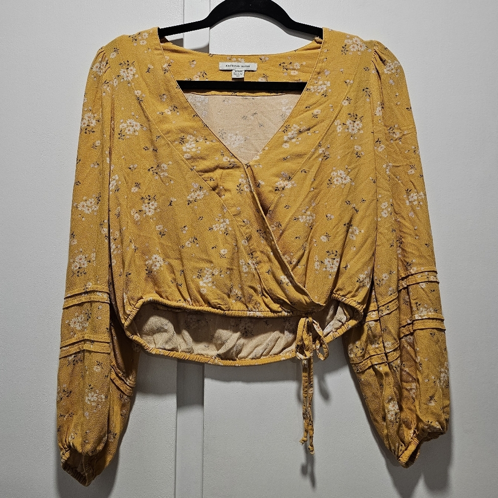 American Eagle Outfitters Yellow Floral Wrap Blouse, Medium - Picture 3 of 8